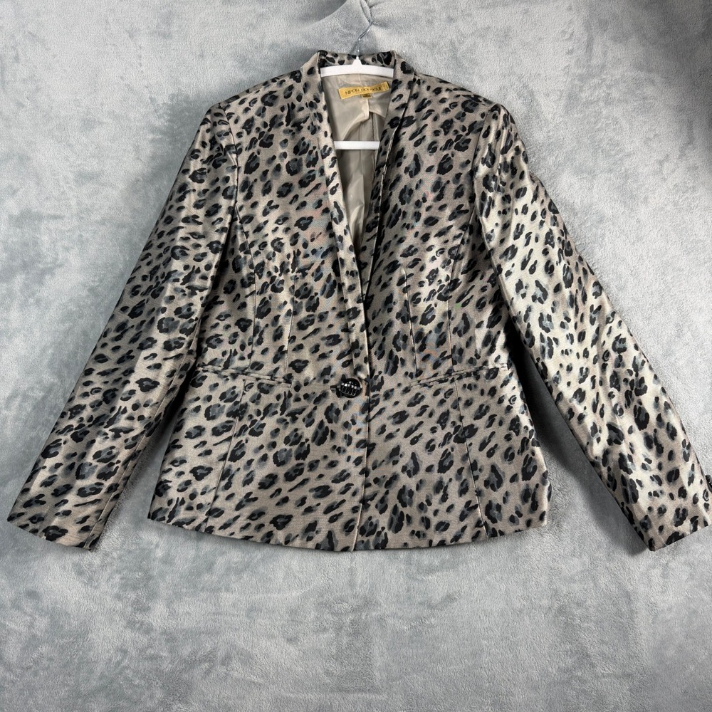 Nipon Boutique Womens 10 Gray Leopard Blazer Jacket Animal Print Office Siren